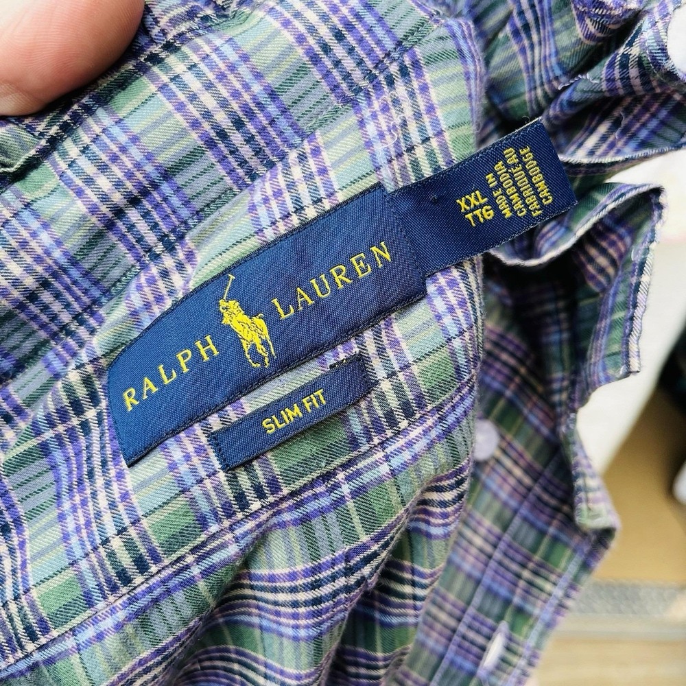Upcycled Dark Academia Ralph Lauren Slim Fit Purple Green Plaid Ruffle Collar XL - Picture 7 of 10